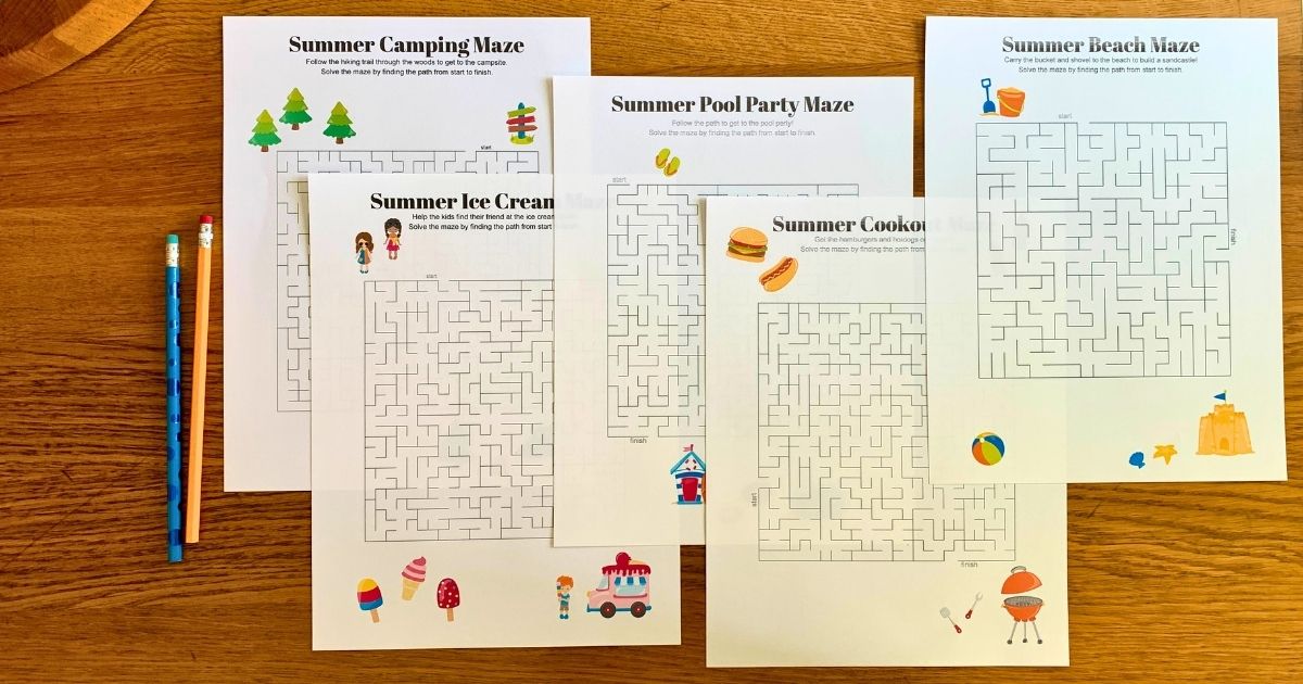 Five summer mazes with clipart for camping, ice cream, a pool party, the beach, and a cookout.