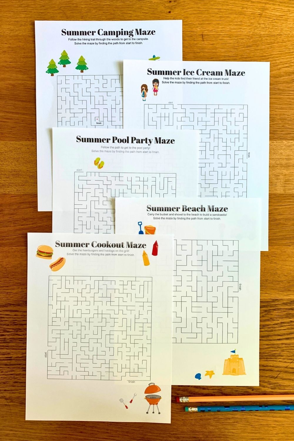 Five summer mazes with clipart for camping, ice cream, a pool party, the beach, and a cookout.