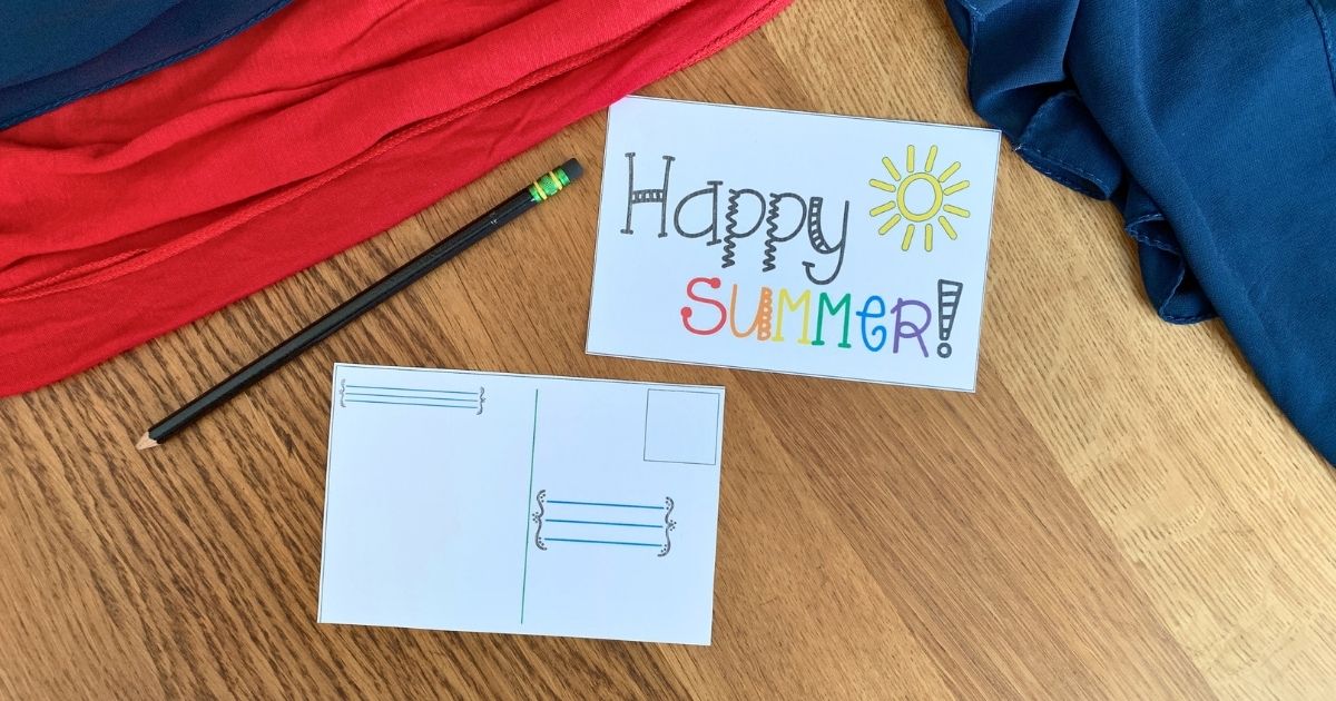 Printed summer postcard with "Happy summer!" in rainbow letters on the front and address lines on the back.