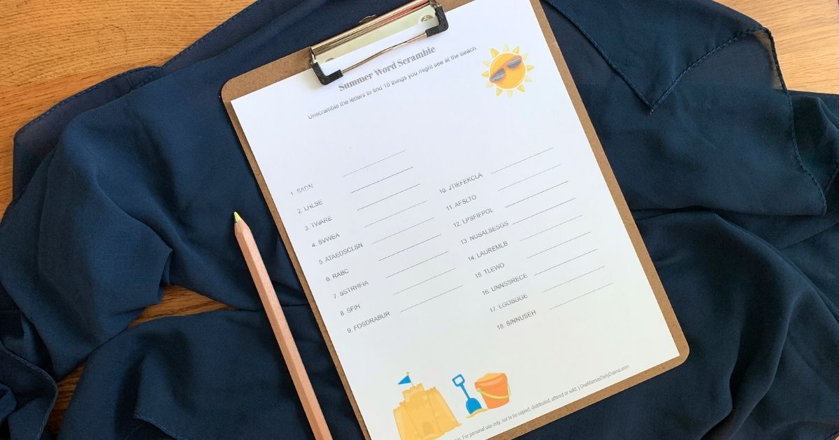 Summer word scramble with 18 words for things you might see at the beach.