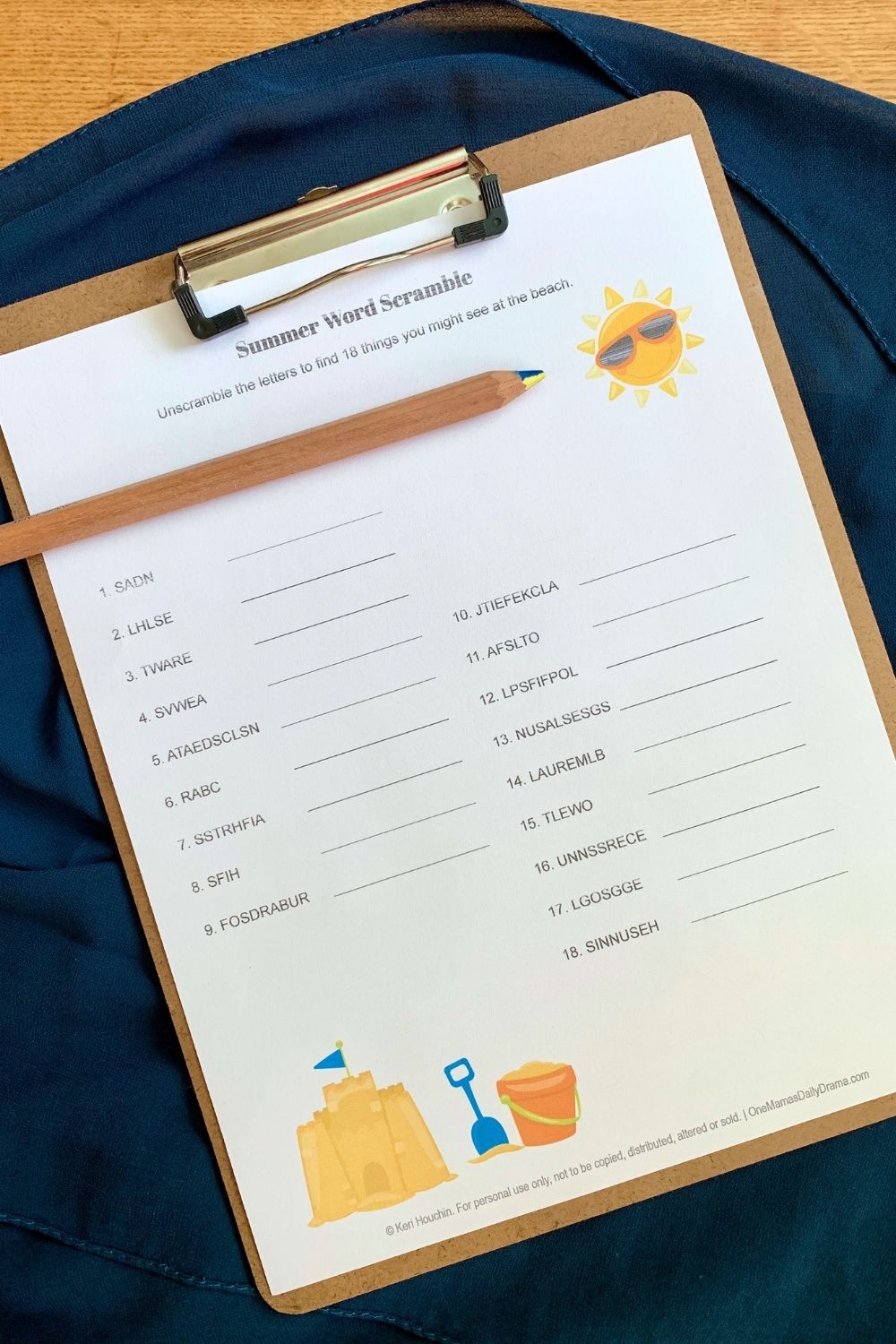 Summer word scramble with 18 words for things you might see at the beach; with clipart of a cartoon sun, sandcastle, and bucket.