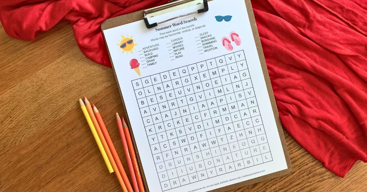 Summer word search with 18 words in a square grid surrounded by beach clipart of the sun, sunglasses, flip-flops, and an ice cream cone.