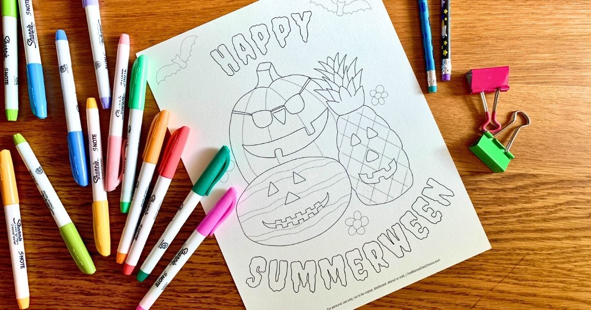 Summerween coloring page with a carved pumpkin, pineapple, and watermelon surrounded by bats and flowers.