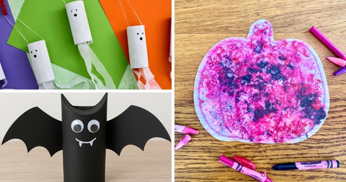 Collage of Summerween craft ideas including paper tube ghosts and bats, and melted crayon pumpkin suncatchers.