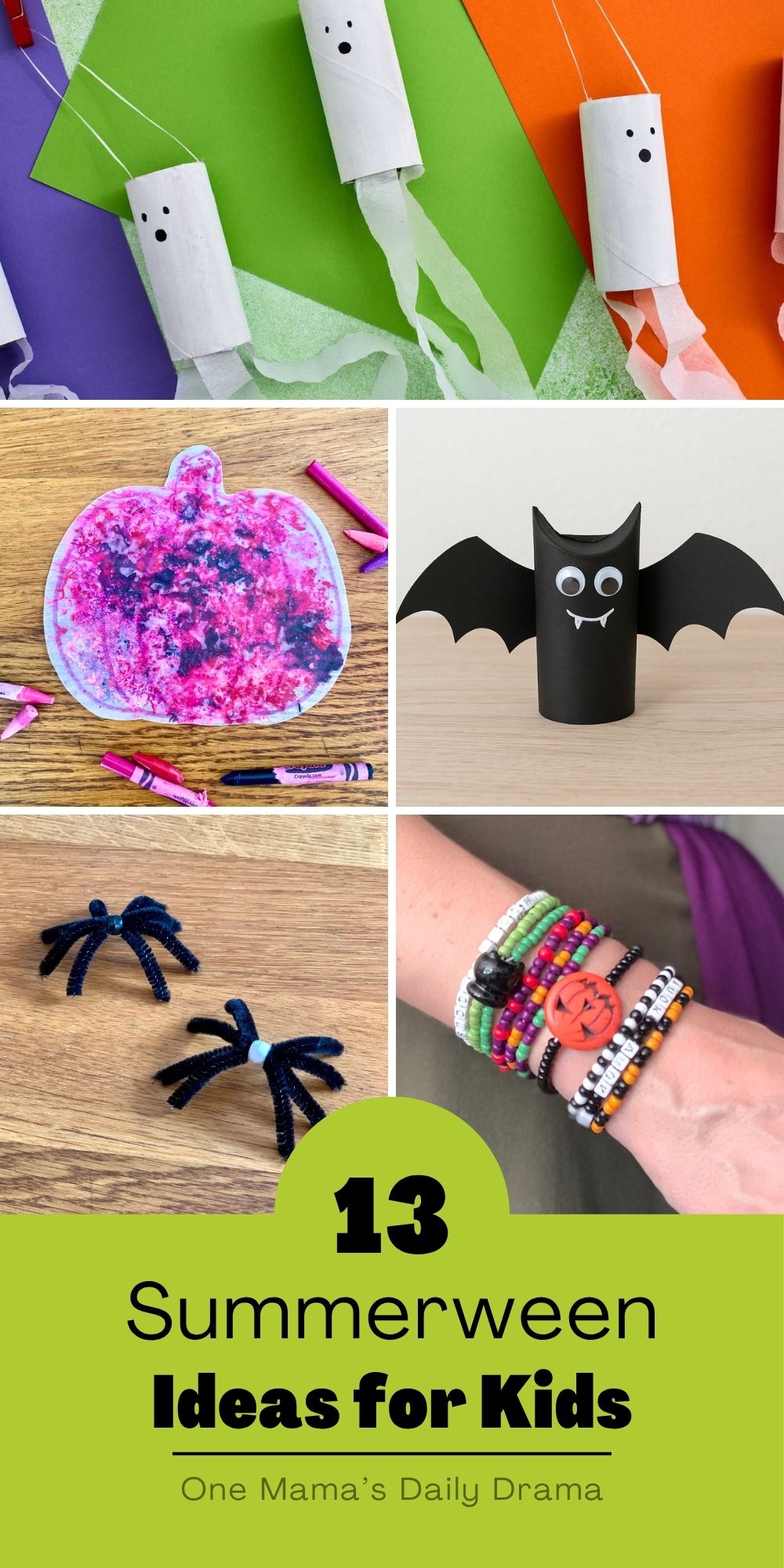 Collage of Summerween ideas for kids including paper tube ghosts, melted crayon pumpkins, paper bats, pipe cleaner spiders, and bead bracelets.
