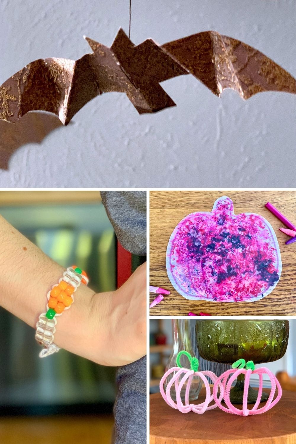 Collage of Summerween ideas including paper bats, a pumpkin bracelet, melted crayon art, and pipe cleaner pumpkins.