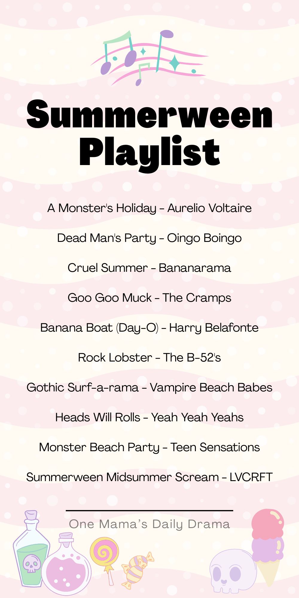 Summerween playlist with 10 songs and cute Halloween summer clipart.