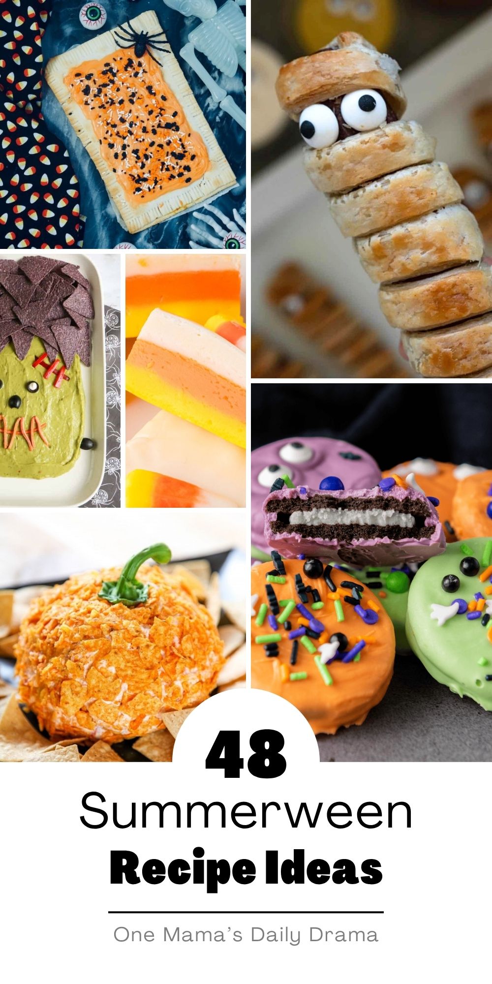 Collage of Summerween recipes including poptarts, Frankenstein guacamole, mummy hotdogs, pumpkin cheese ball, candy-coated Oreos, and candy corn fudge.