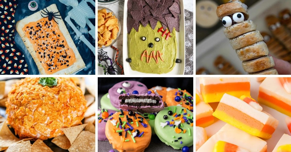 Collage of Summerween recipes including poptarts, Frankenstein guacamole, mummy hotdogs, pumpkin cheese ball, candy-coated Oreos, and candy corn fudge.