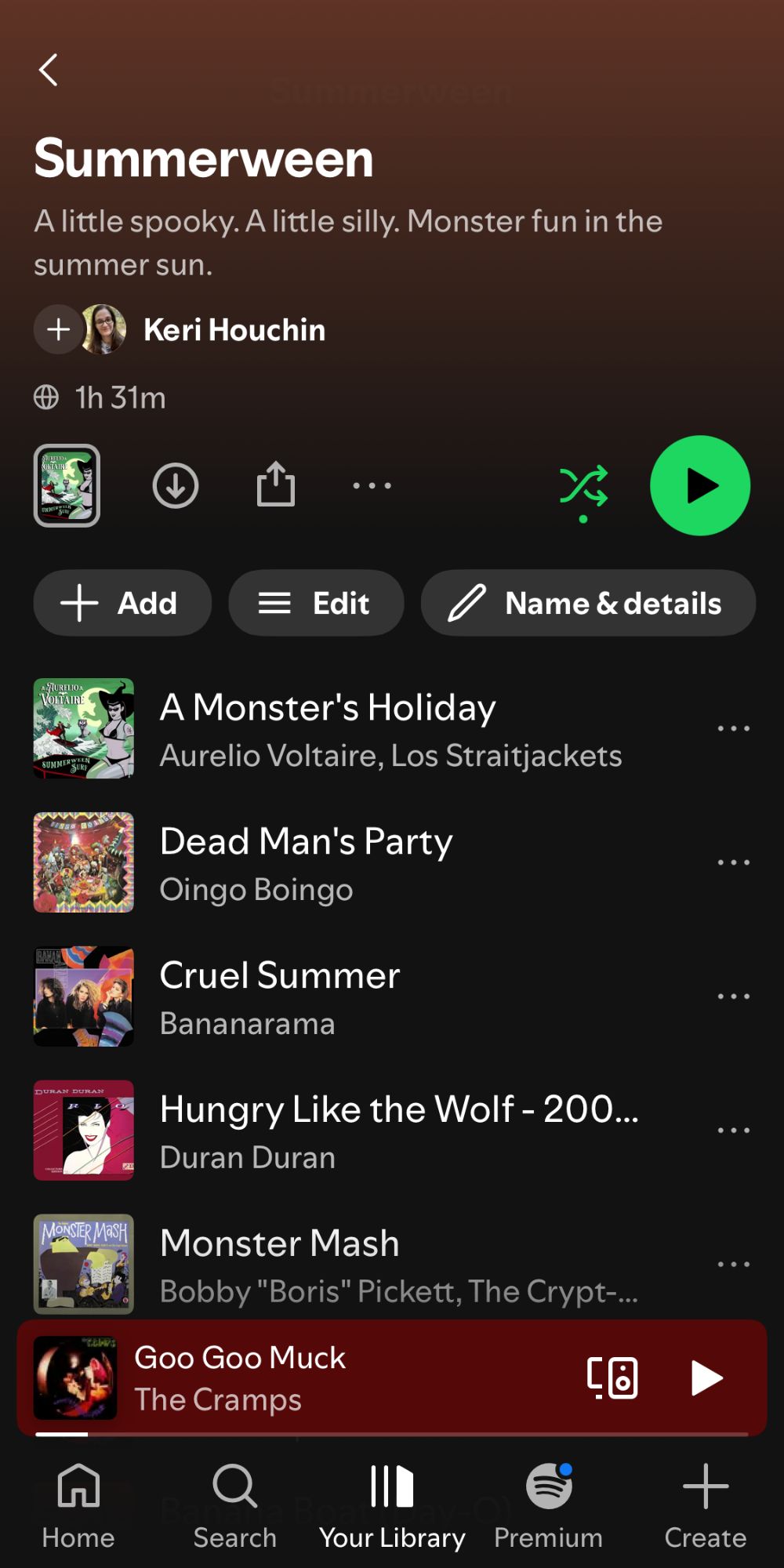 Screenshot of Summerween playlist on Spotify playing Goo Goo Muck by The Cramps.