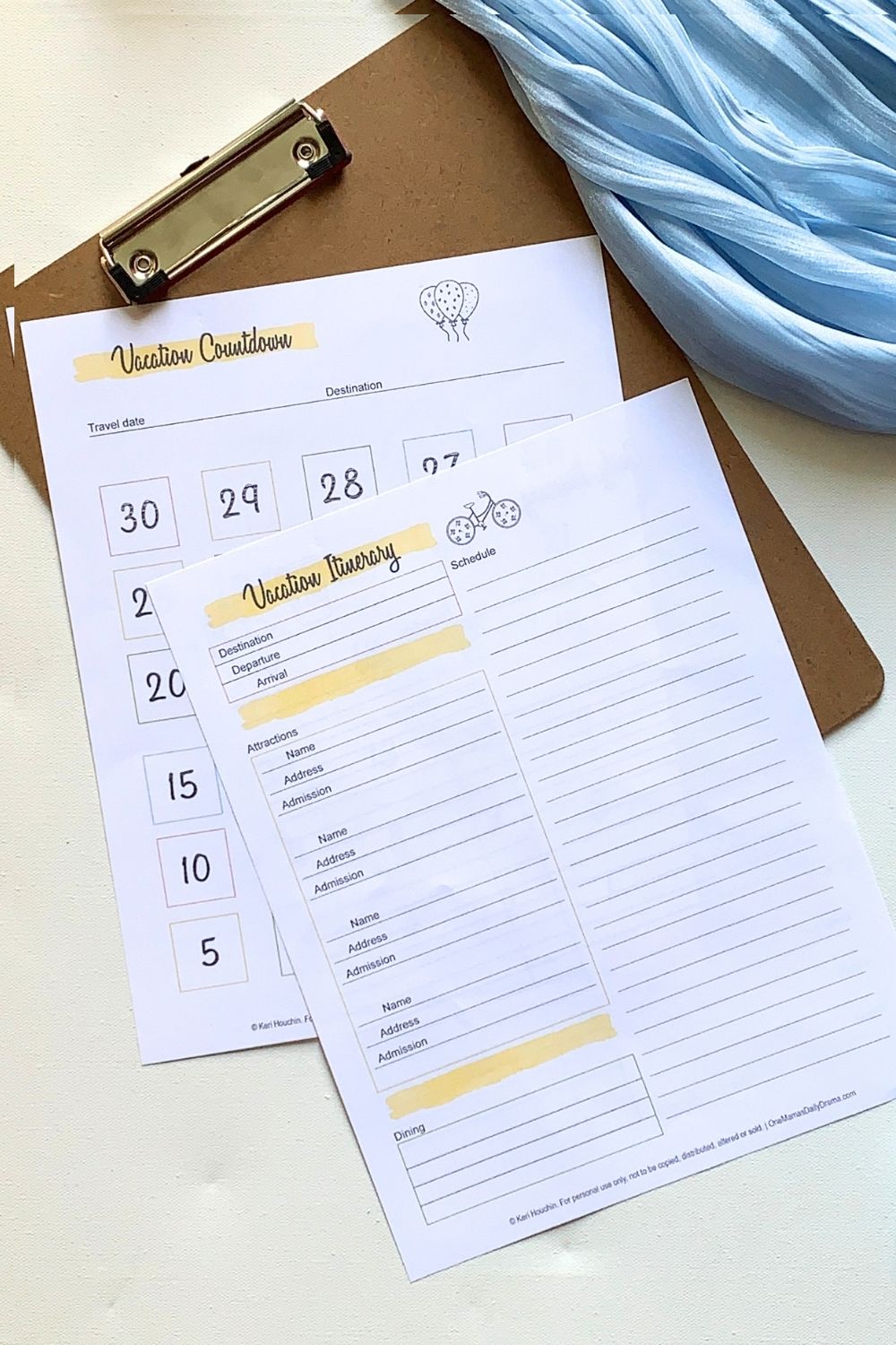 Itinerary with destination details, attractions, dining, and schedule beside a countdown with 30 boxes to mark.