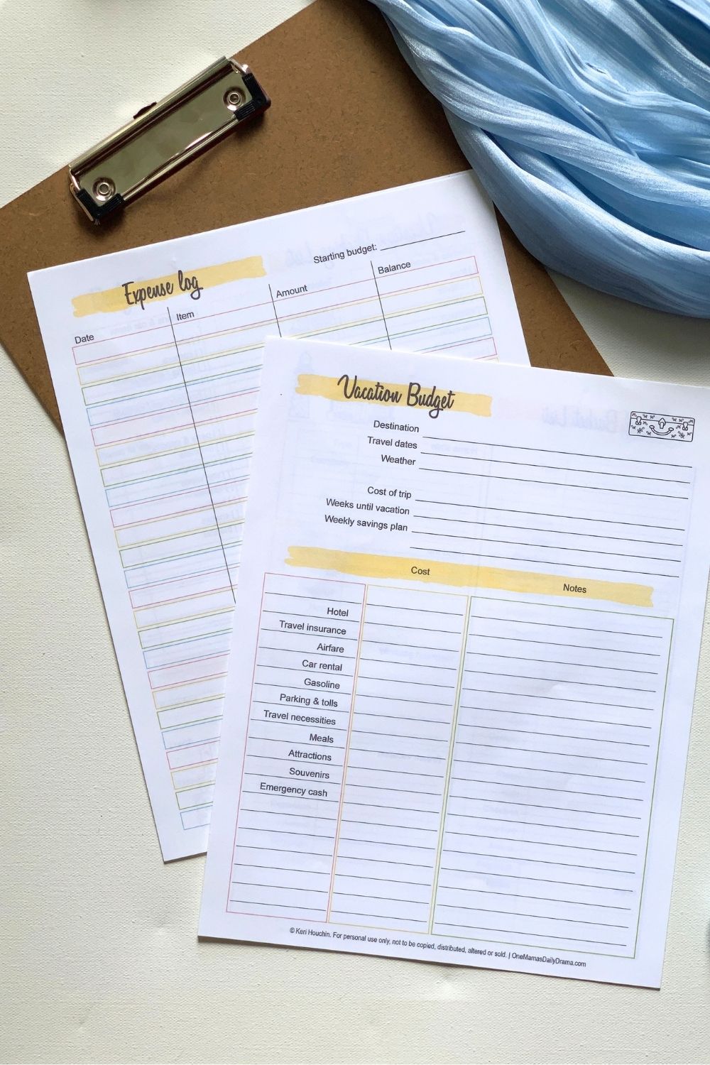 Vacation budget worksheet and expense log.