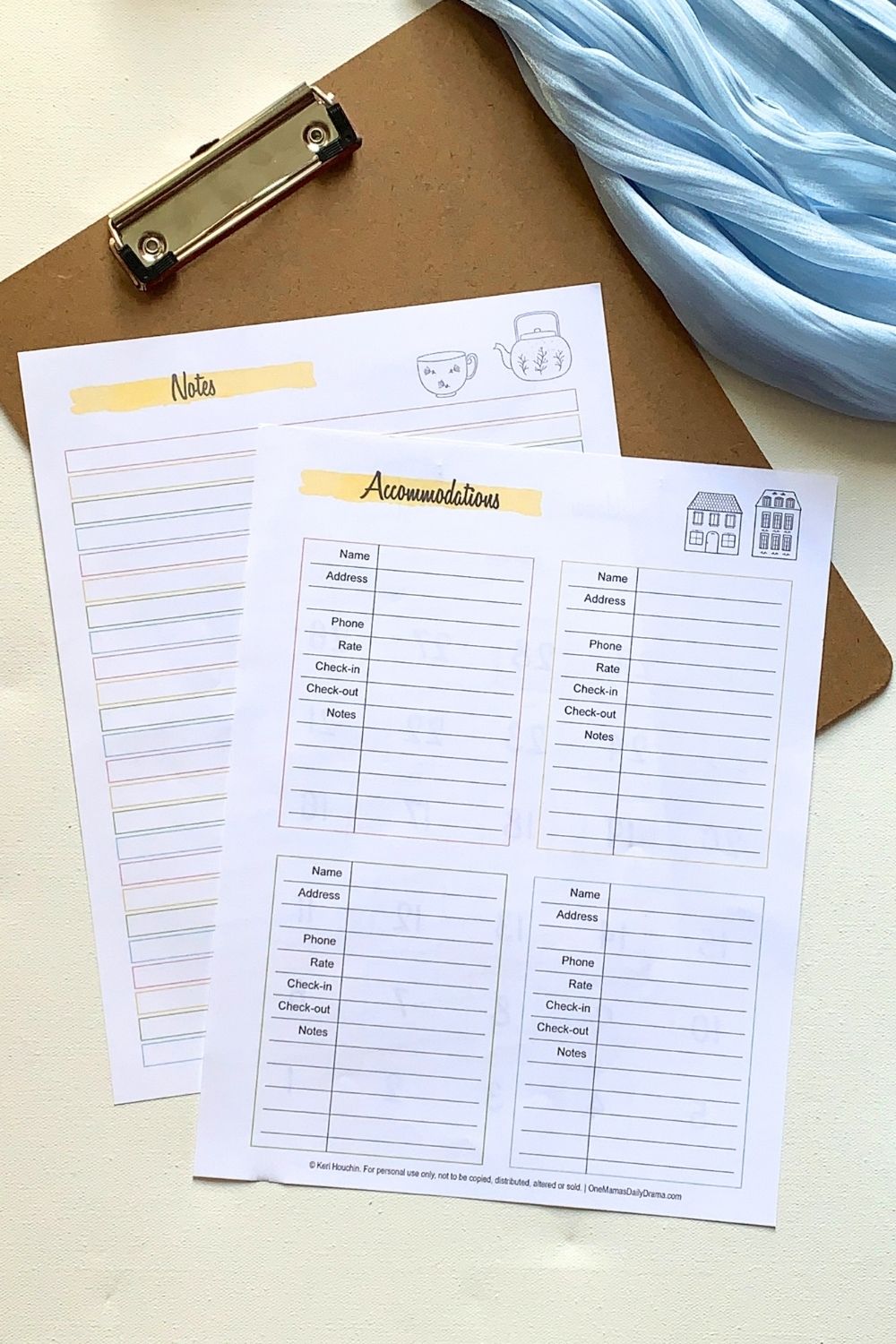 Accommodations worksheet and lined page for notes.