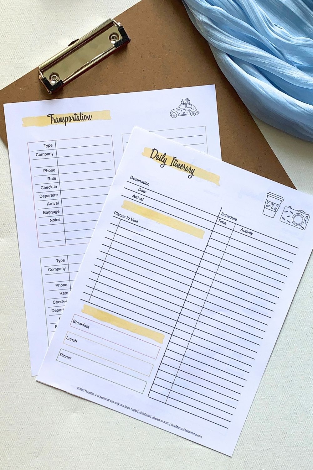 Daily itinerary with schedule, including places and meals, and transportation worksheet.
