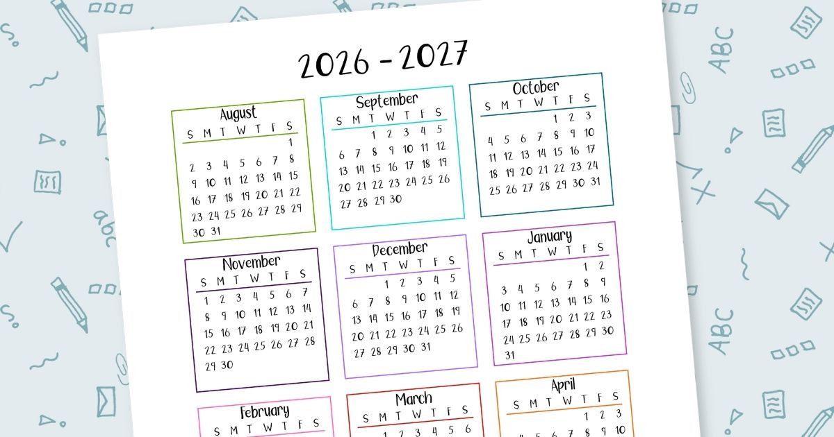 2026-2027 printable academic calendar with 12 colorful boxes outlining months dated August to July.