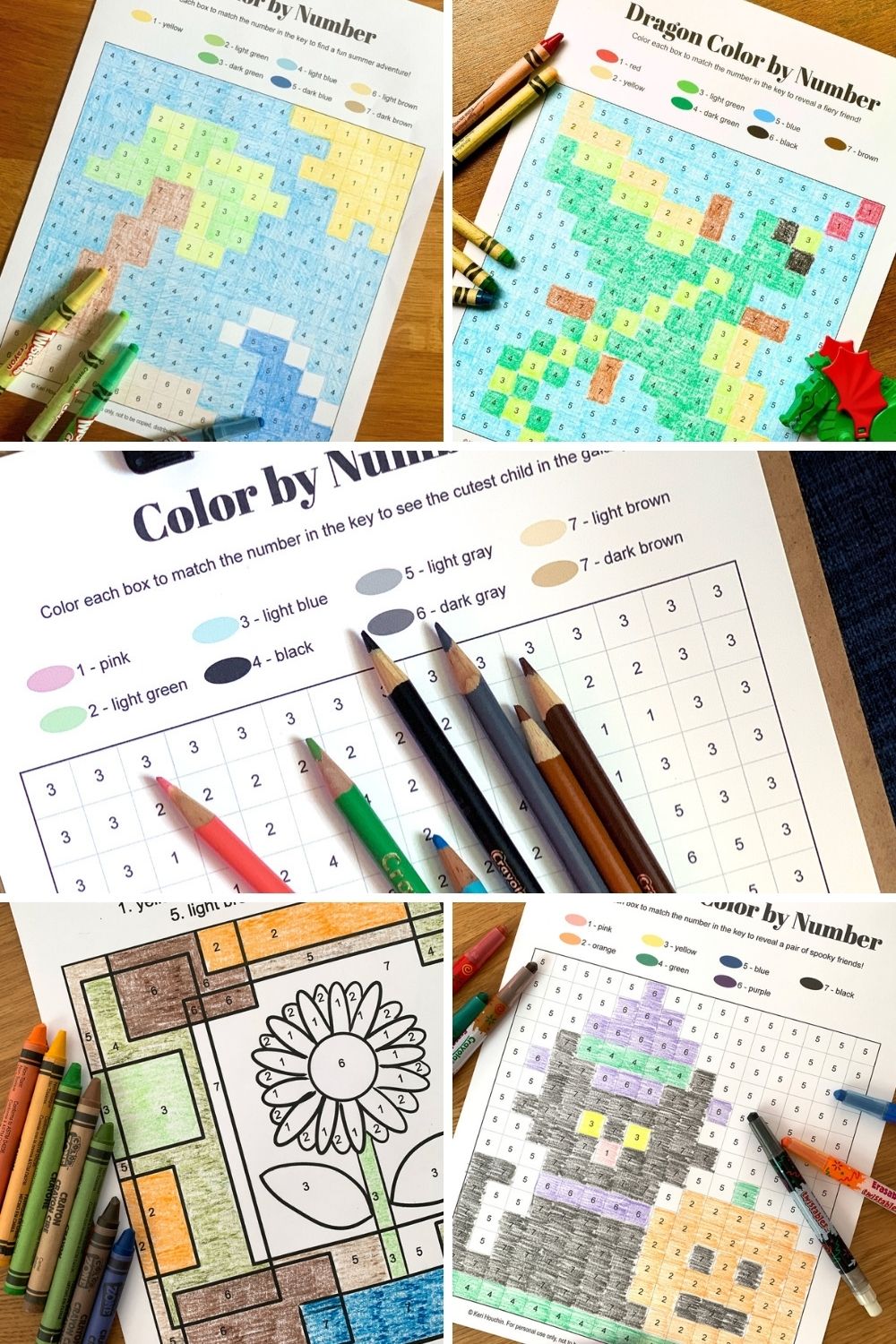 Collage of color by number pages including a beach, dragon, uncolored boxes, Halloween cat, and a sunflower.
