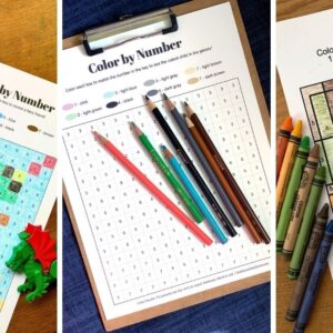 Collage of color by number pages including a dragon, uncolored boxes, and a sunflower.