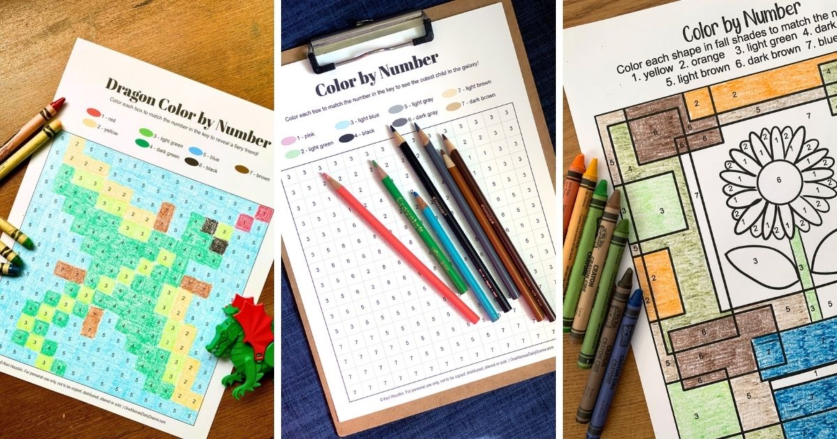 Collage of color by number pages including a dragon, uncolored boxes, and a sunflower.