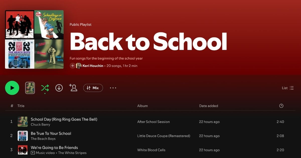 Screenshot of back to school playlist on Spotify.