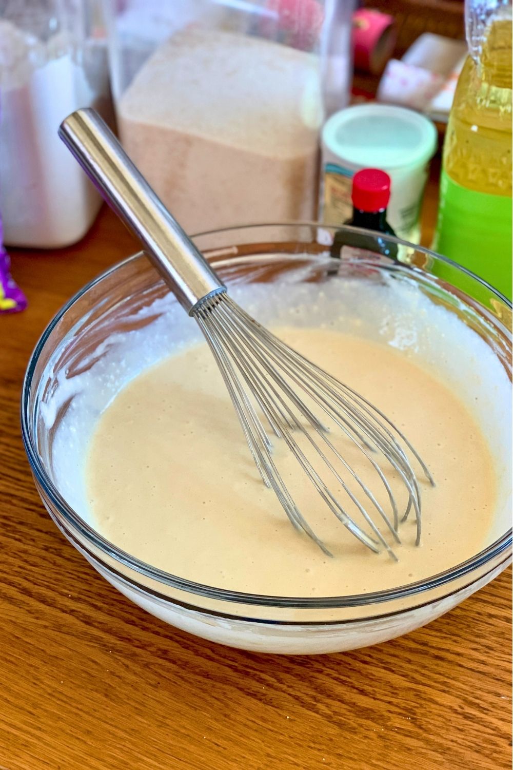 A mixing bowl of waffle batter.
