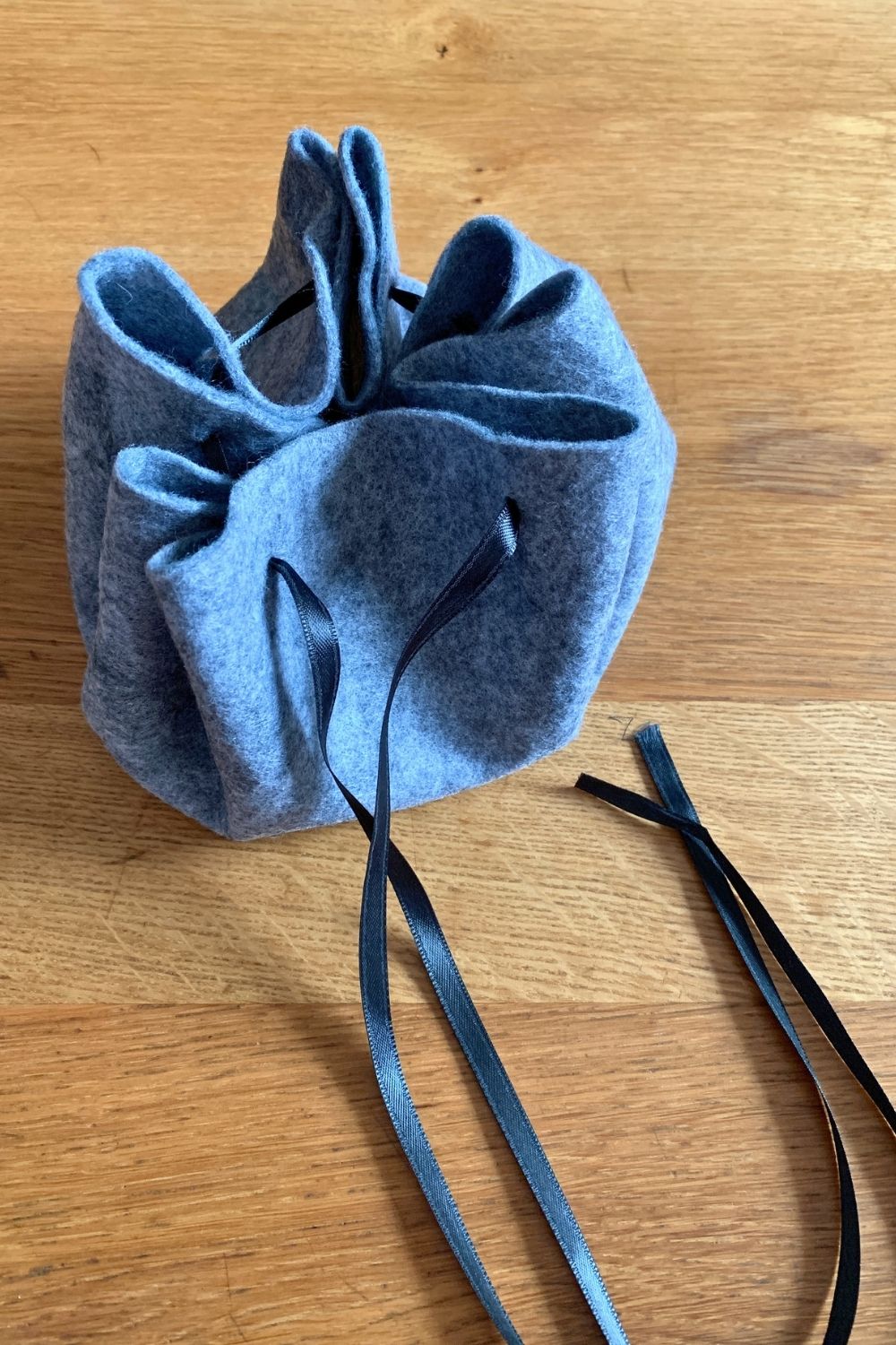 A felt bag with a black ribbon drawstring.
