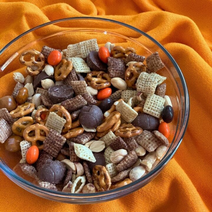 Snack mix made from candy, cereal, and pretzels.