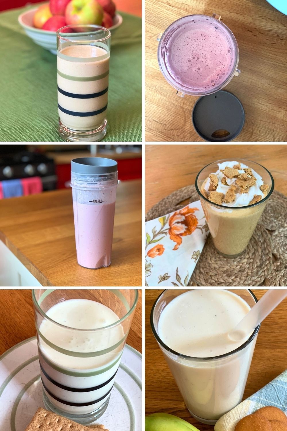 Collage of 6 pie flavored smoothies including apple, blueberry, cherry, pumpkin, key lime, and banana cream.
