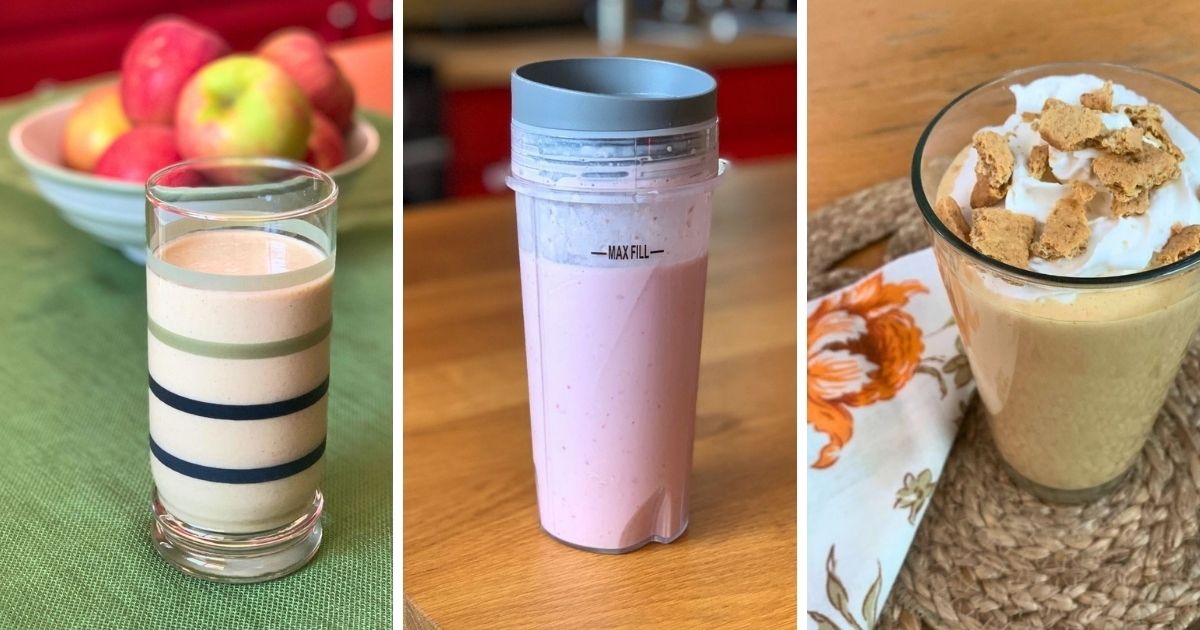 Collage of 3 pie flavored smoothies including apple, cherry, and pumpkin.