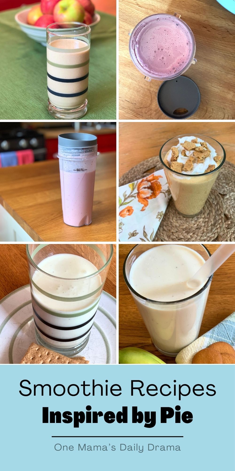 Collage of 6 smoothie recipes inspired by pie including apple, blueberry, cherry, pumpkin, key lime, and banana cream.