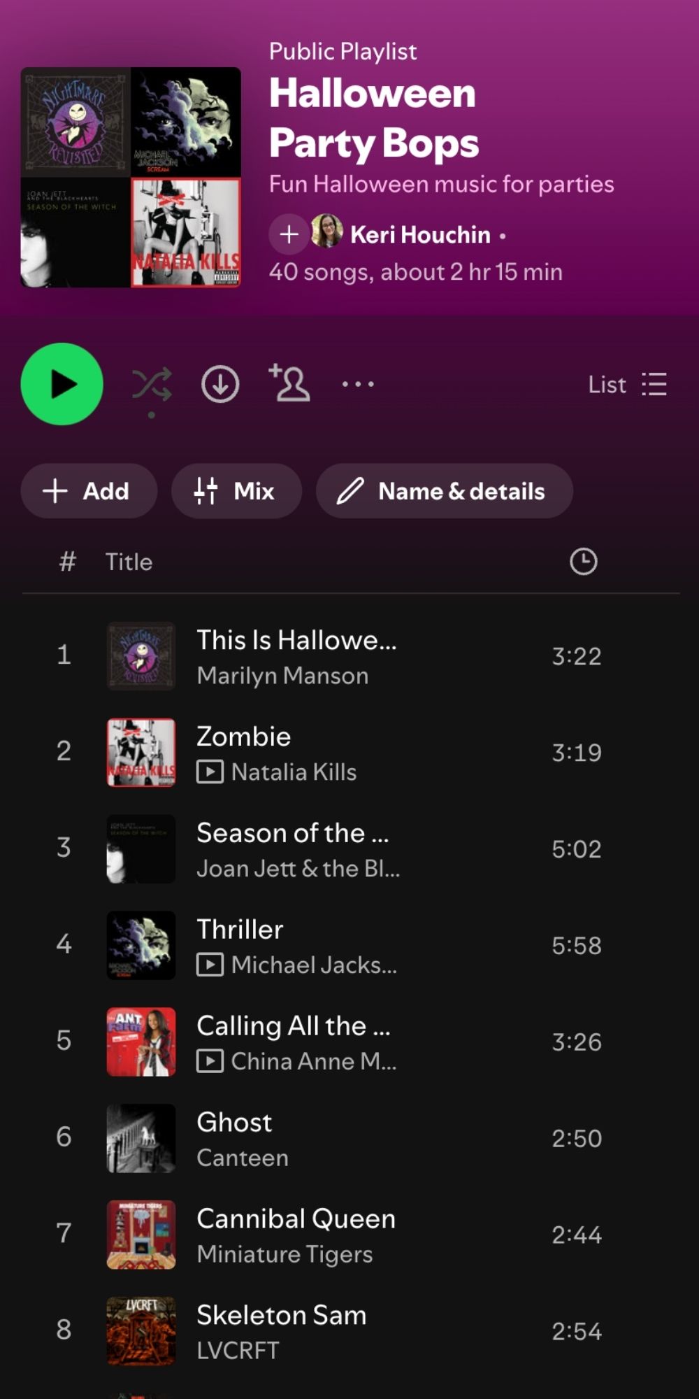 Halloween party playlist on Spotify with 40 festive and spooky songs.