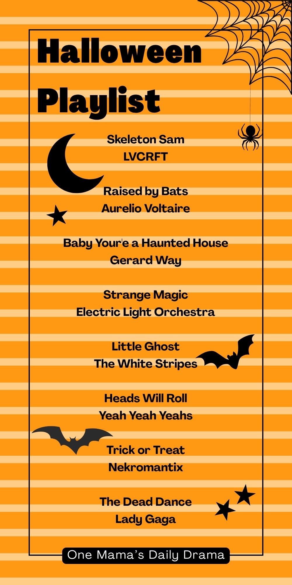 Halloween party playlist of 9 spooky holiday songs including Skeleton Sam by LVCRFT, Raised by Bats by Aurelio Voltaire, and Baby You're a Haunted House by Gerard Way.