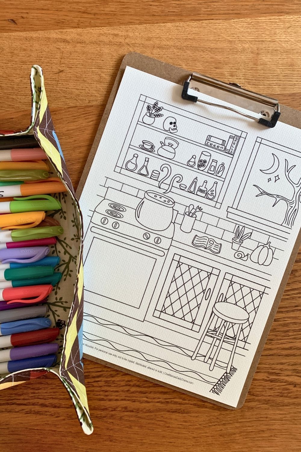 A potion coloring page of a witch's kitchen with a cauldron bubbling on the stovetop in front of a cabinet of bottles.