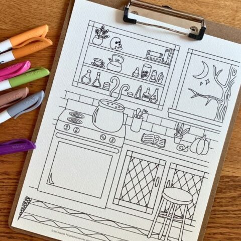 A potion coloring page of a witch's kitchen with a cauldron bubbling on the stovetop in front of a cabinet of bottles.