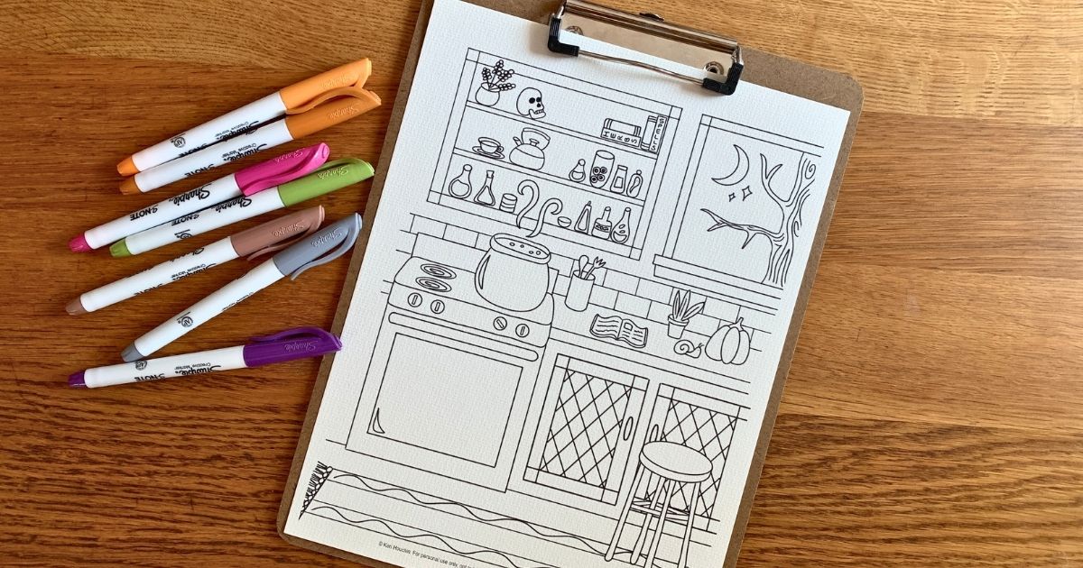 A potion coloring page of a witch's kitchen with a cauldron bubbling on the stovetop in front of a cabinet of bottles.