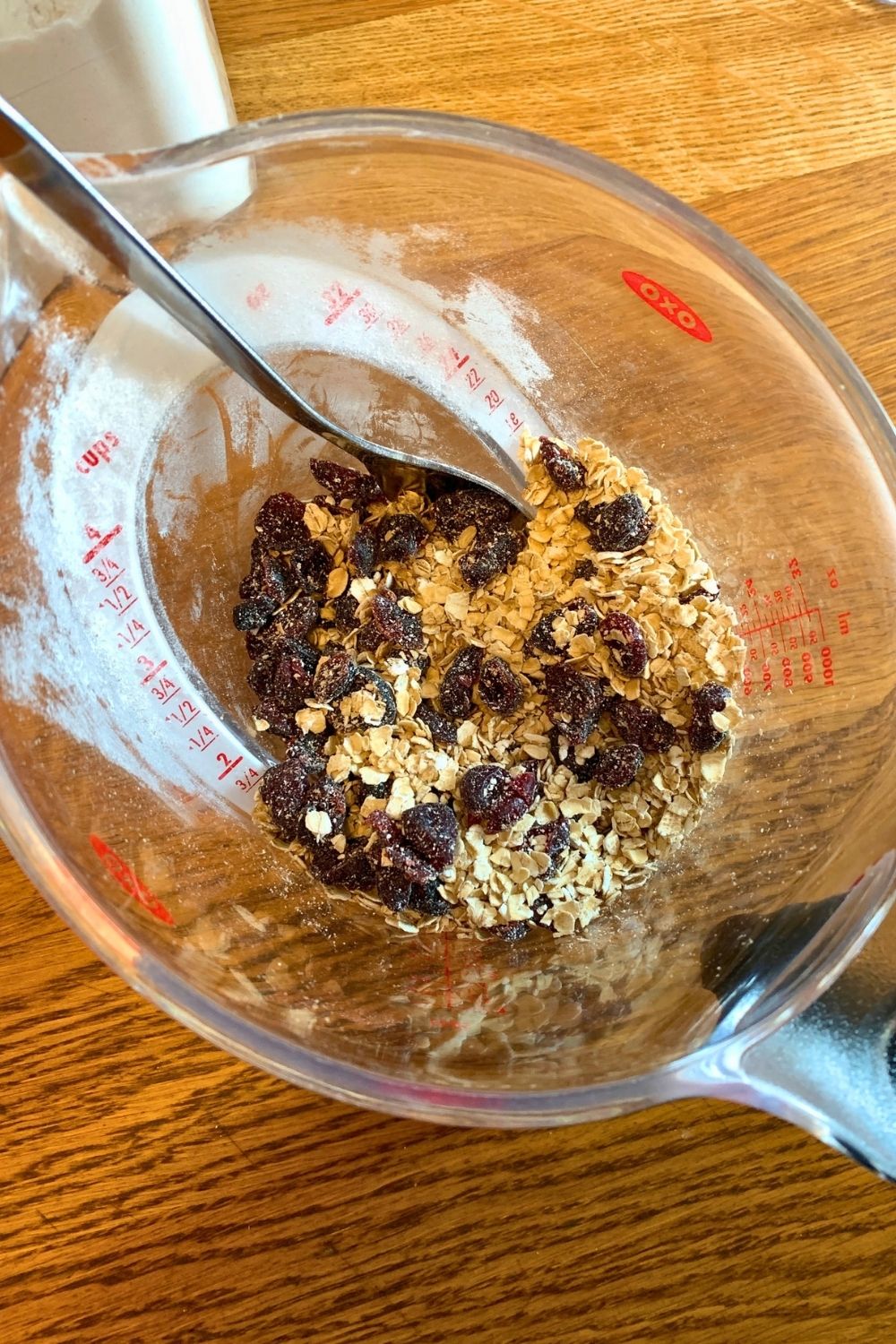 Dried cranberries and oats mixed in a measuring cup.