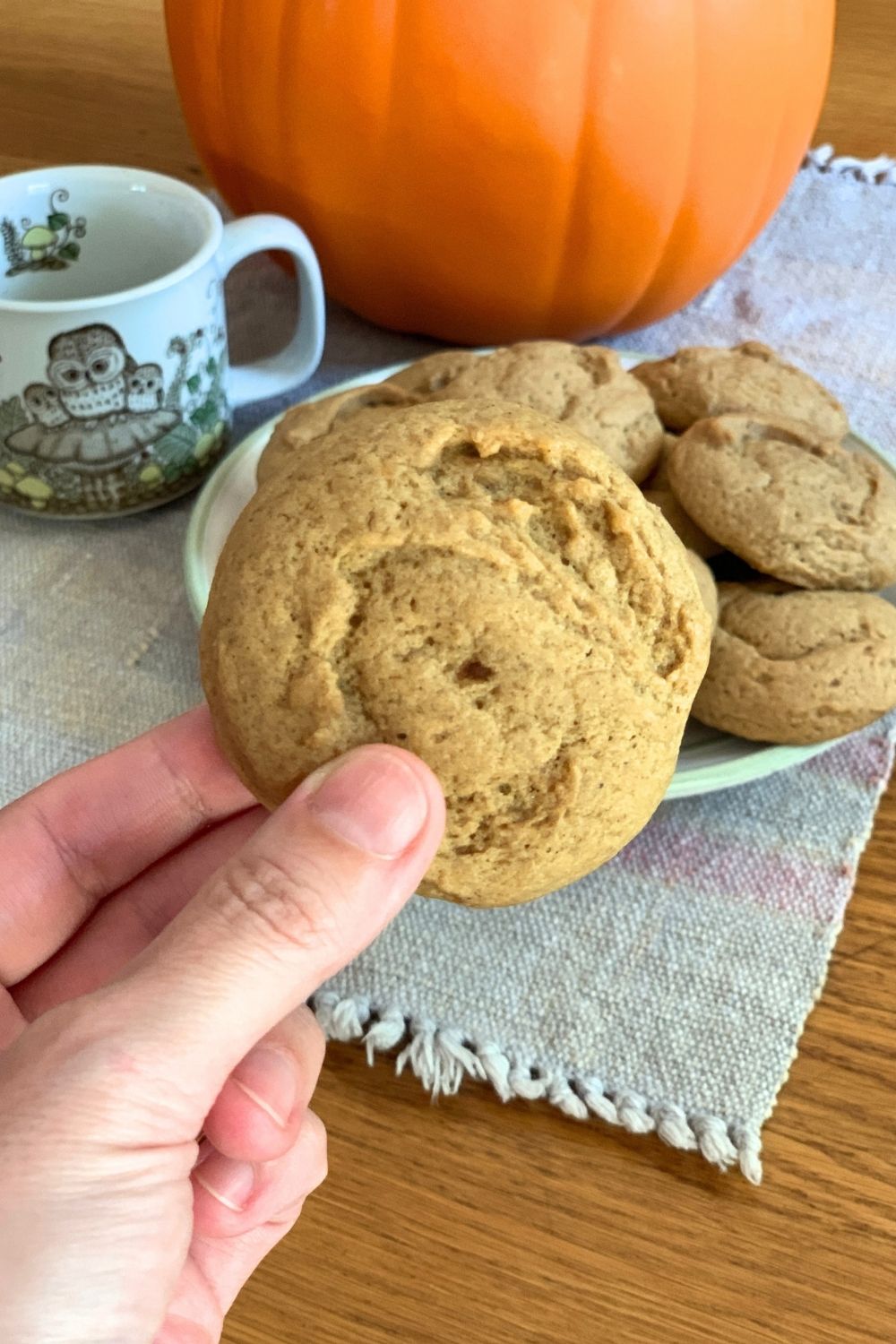 A hand holding a pumpkin spice sugar cookie in front of a full plate and a cup of coffee.